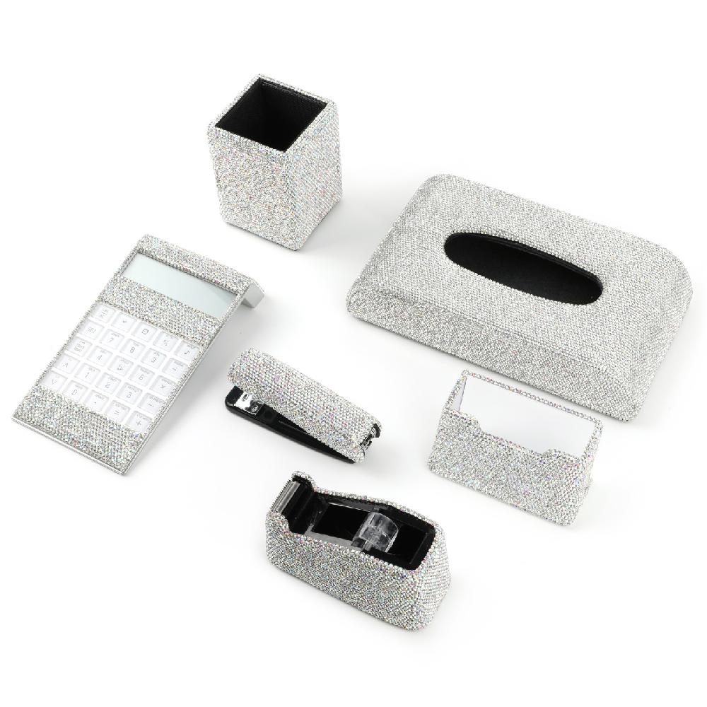 Maxery Creative Diamond Crystal Desktop Office Stationery Set Diamond Pen holder Business Card Stapler